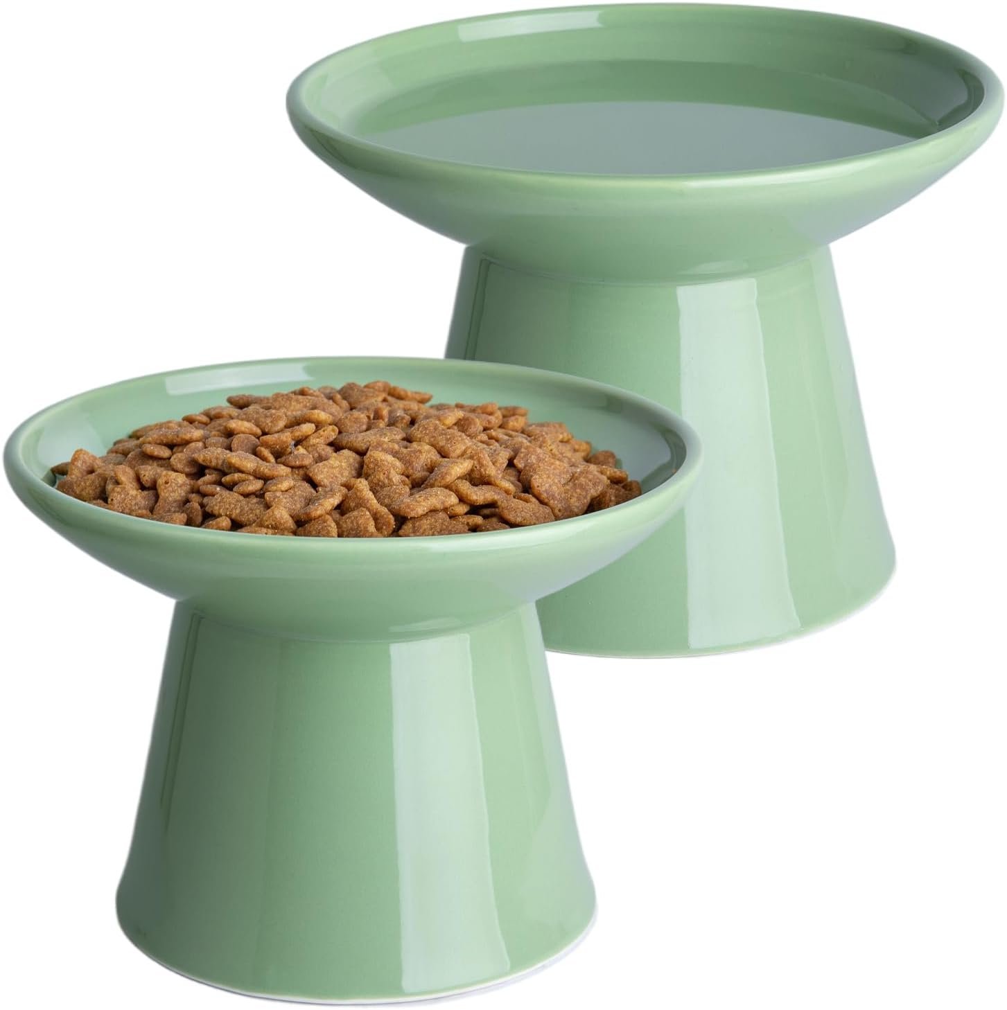 6.2 Inch Extra Wide Elevated Ceramic Cat Bowls, Food and Water Bowl Set for Elder Big Cats Small Dogs, Raised Design for Pet Easy Eating, Protect Cat’s Spine Set of 2(Light Green)