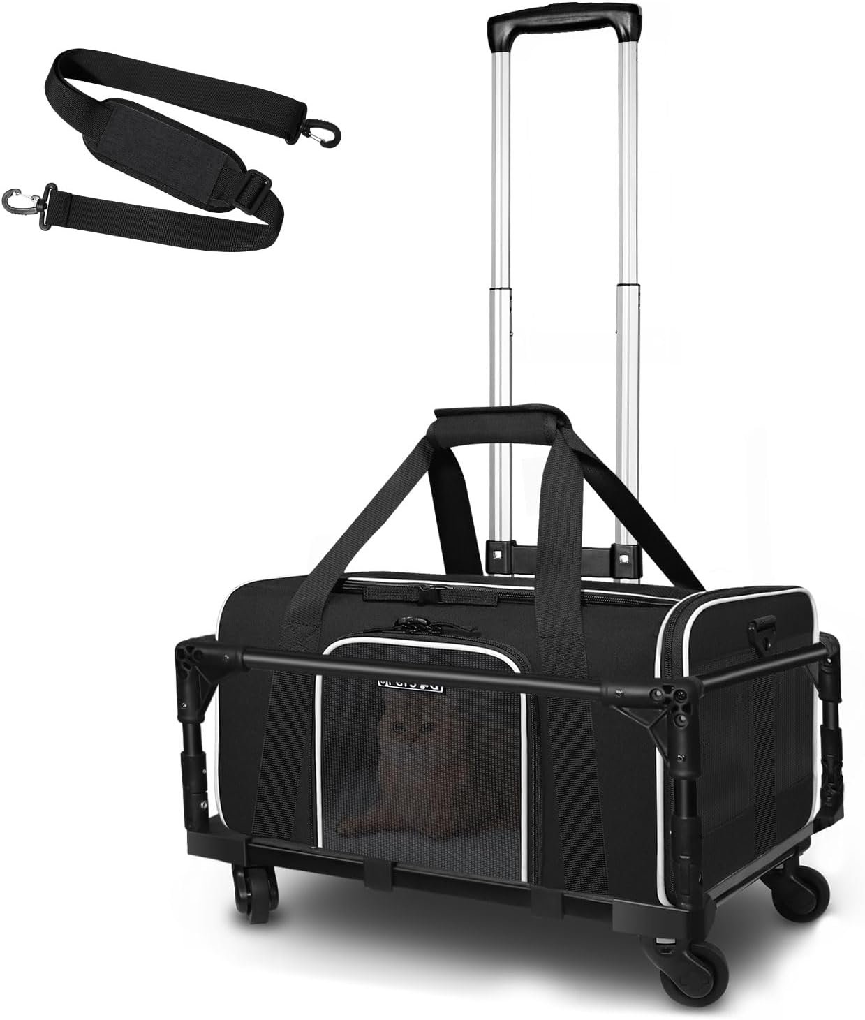 Petskd Small Pet Carrier with Wheels (17″ L x 11″ W x 9.5″ H), Alaska Airlines Approved, Rolling Pet Carrier for Small Dogs & Cats (Black)
