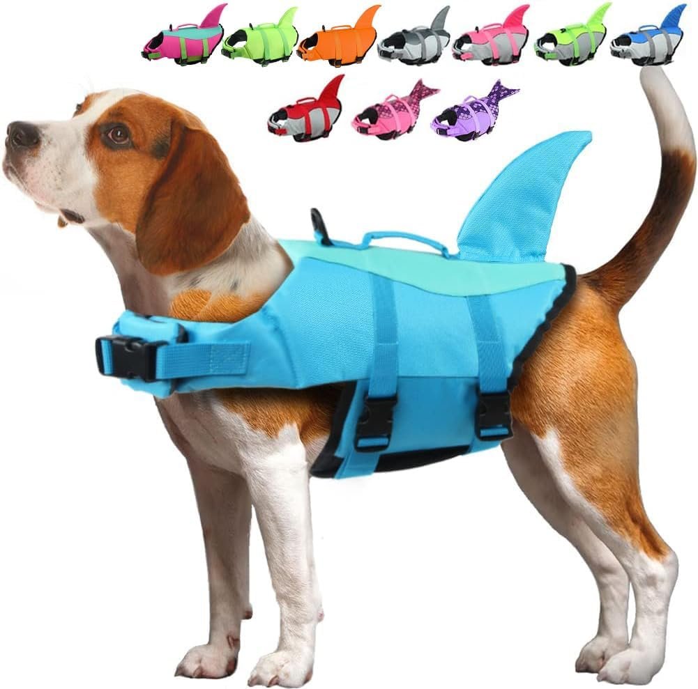 EMUST Shark Dog Life Jackets for Water Safety – Adjustable Ripstop Pet Life Vest with Rescue Handle for Swimming Pool, Beach, Boating (L, Pool Blue)