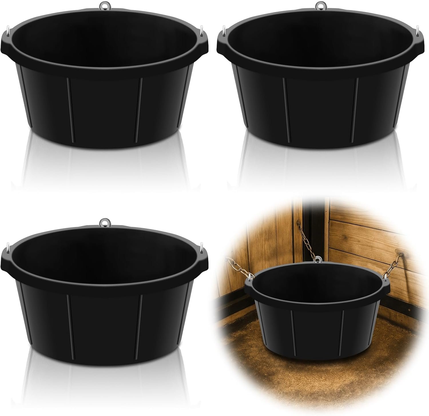 Maxdot 3 Pcs Corner Feed Pan Rubber Tub with Hanging Hooks 6.5 Gallon/26 Quart 90° Fit Coop Horse Feeder Trough 8.3 x 17.7 in Feed Pan for Poultry Goats Horses Dog Animal Livestock Feeding