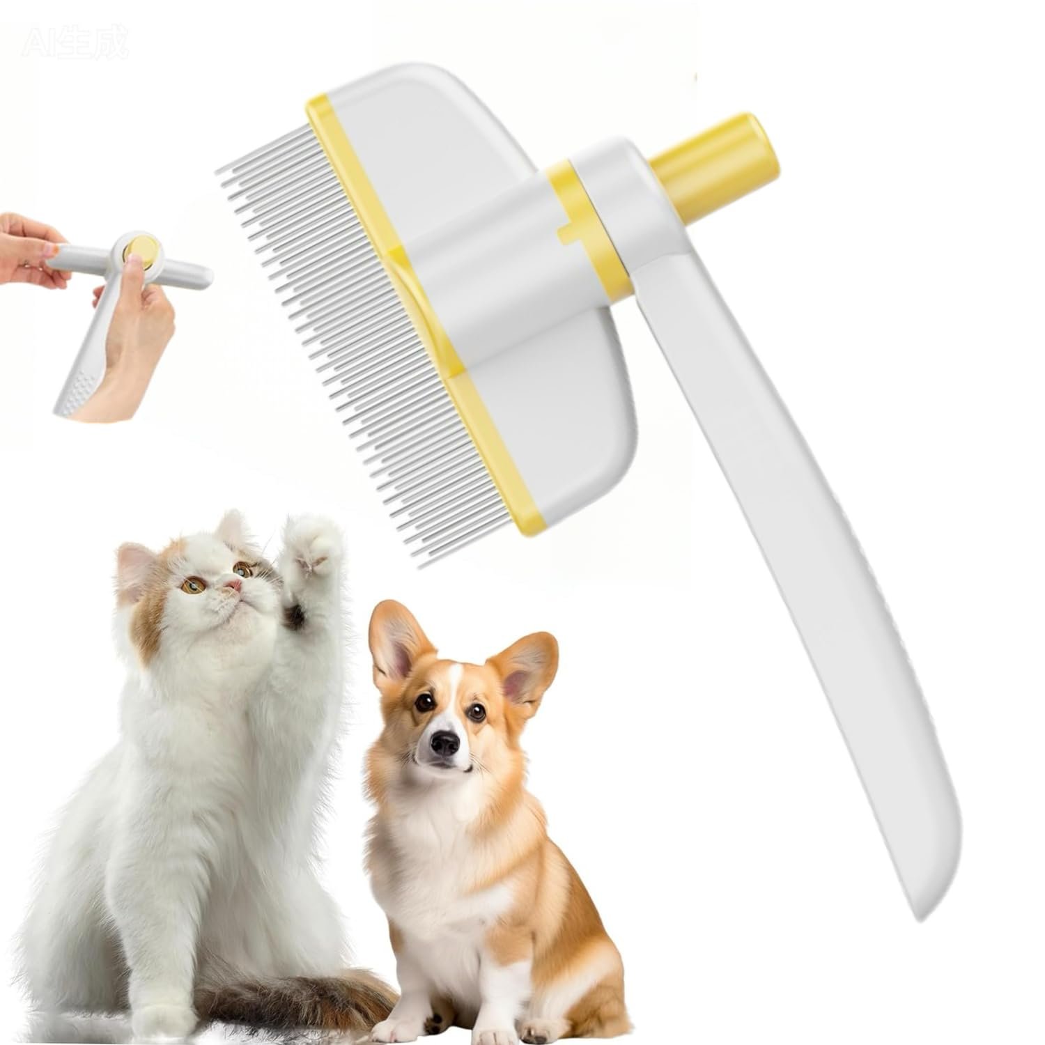 Pet Hair Removal Comb & Flea Comb with Release Button for Cats & Dogs – Grooming Brush for Short/Long Hair Yellow