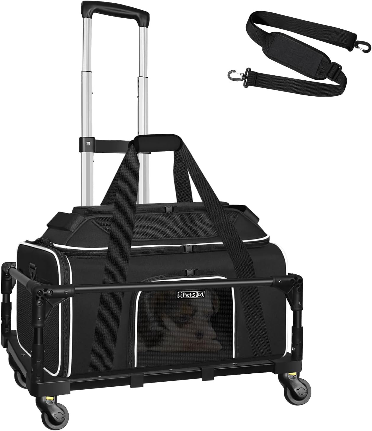 Petskd Top-Expandable Small Pet Carrier with Wheels(18″ L x 13″ W x 9.5″ H), Southwest Airlines Approved, Rolling Pet Carrier for Small Dogs & Cats (Black)