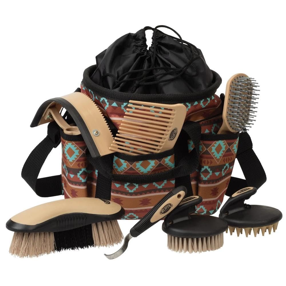 Weaver Equine Horse Grooming Kit, 7-Piece Horse Brush Set with Organizer Tote Bag, Hoof Pick, Comb, Sweat Scraper, Equine Tools for Daily Grooming, Lost Creek