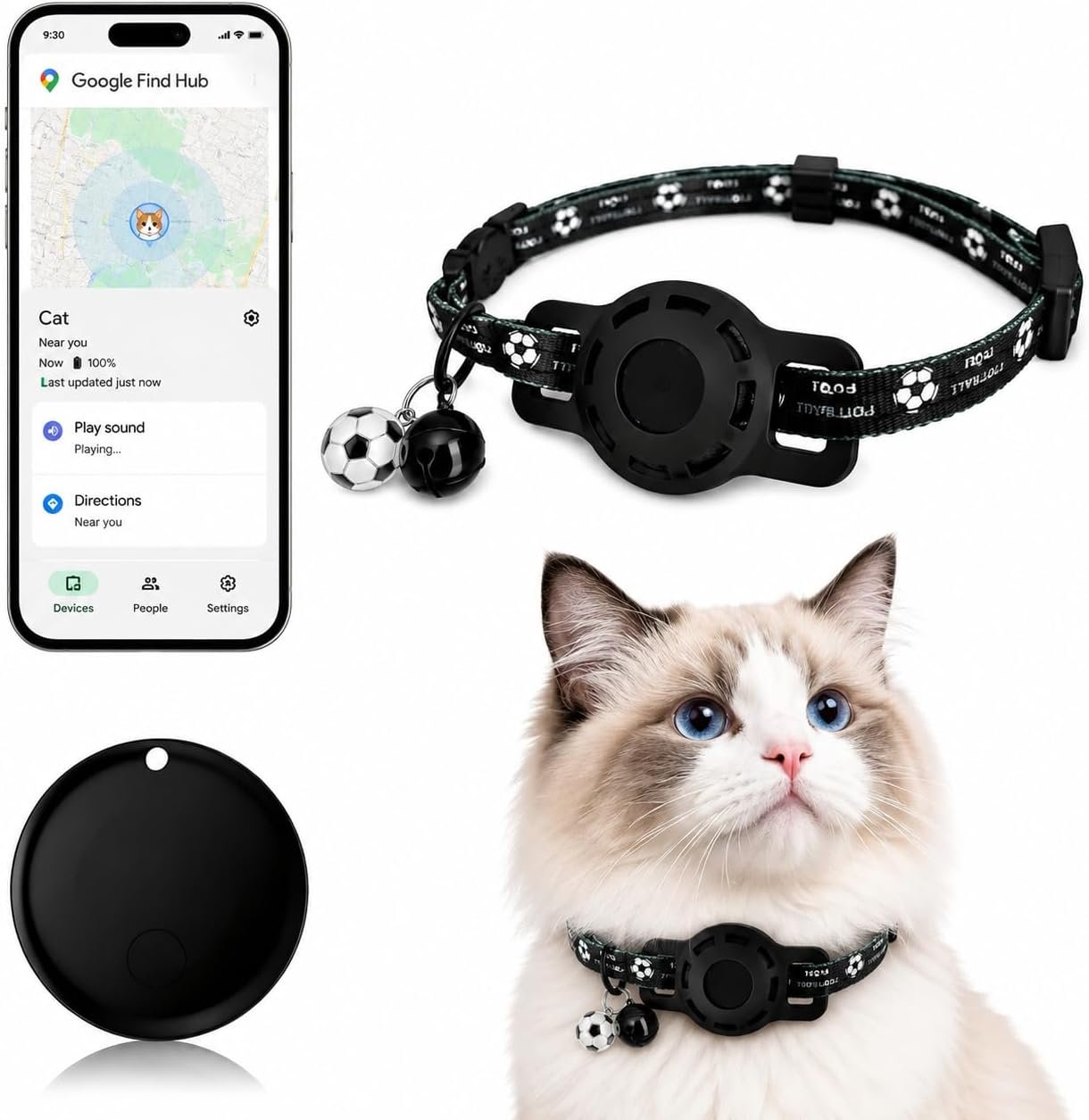 Soccer Cat GPS Tracker Collar for Android, Google Find Hub Pet Tracker for Cats, No Monthly Fee, IP67 Waterproof Smart Tag, Football Theme Cat Tracking Collar for Small Large Cats