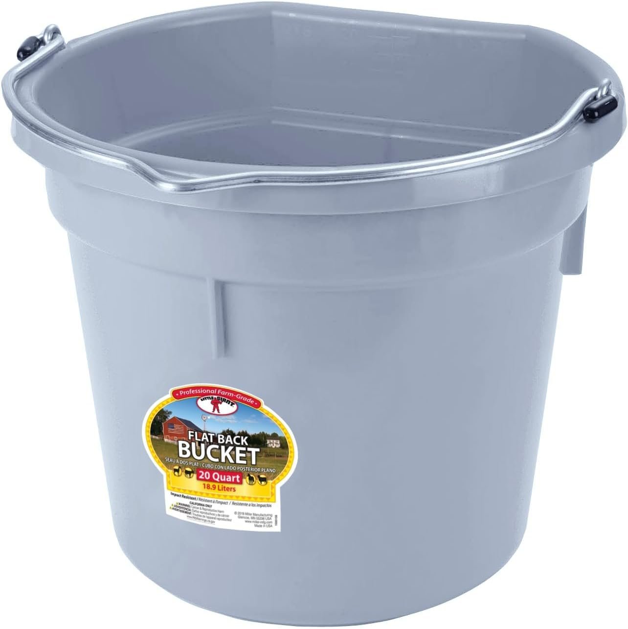 Little Giant® Flat Back Plastic Animal Feed Bucket with Metal Handle | Horse Feed & Water Bucket | 20 Quarts | Cool Gray