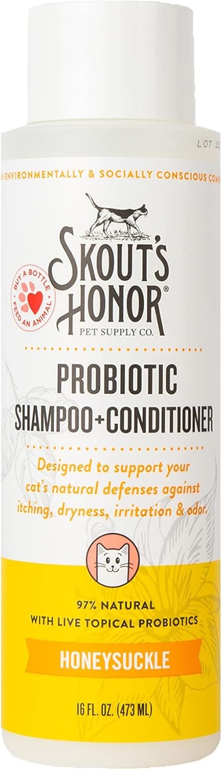 SKOUT’S HONOR Probiotic Cat Shampoo & Conditioner with Avocado Oil & Omega-3s, 97% Natural, Paraben & Sulfate-Free, Cruelty-Free, Defend Against Itch, Dryness, Irritation, 16oz, Honeysuckle