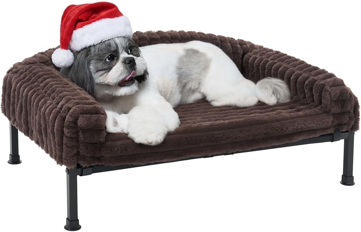 Veehoo Elevated Dog Bed with Bolster Cushion, Fluffy Plush Dog Couch Beds for Small Dogs, Cats, Washable Raised Pet Cot with Non-Slip Feet for Indoor or Patios Use, 30 x 20 Inches, Brown