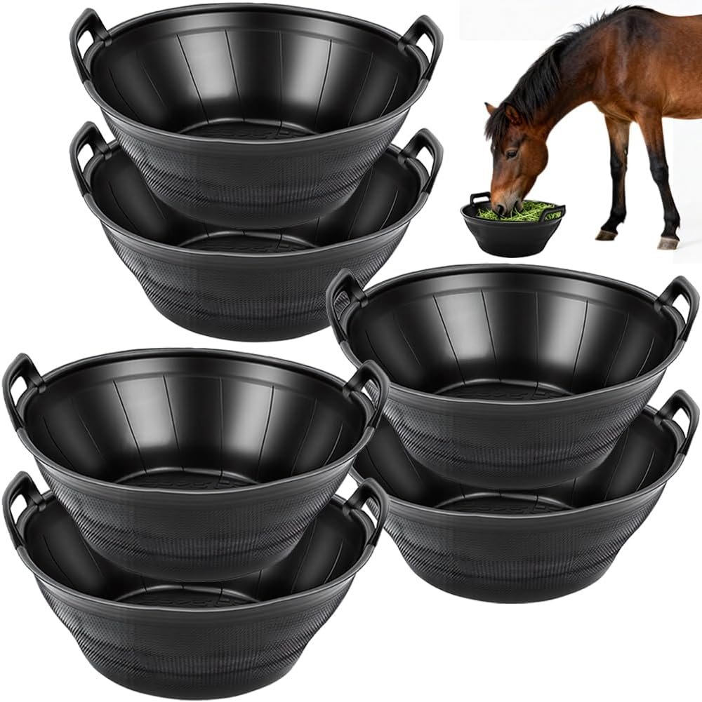 Rubber Feeder Pan, 3.1 Gallon Large Horse Feed Bucket, Heavy Duty Rubber Water Bowl for Livestock, Stackable Chicken Dust Bath Tub for Goats Livestock Animal Feeding Cats Dogs Pigs (6)