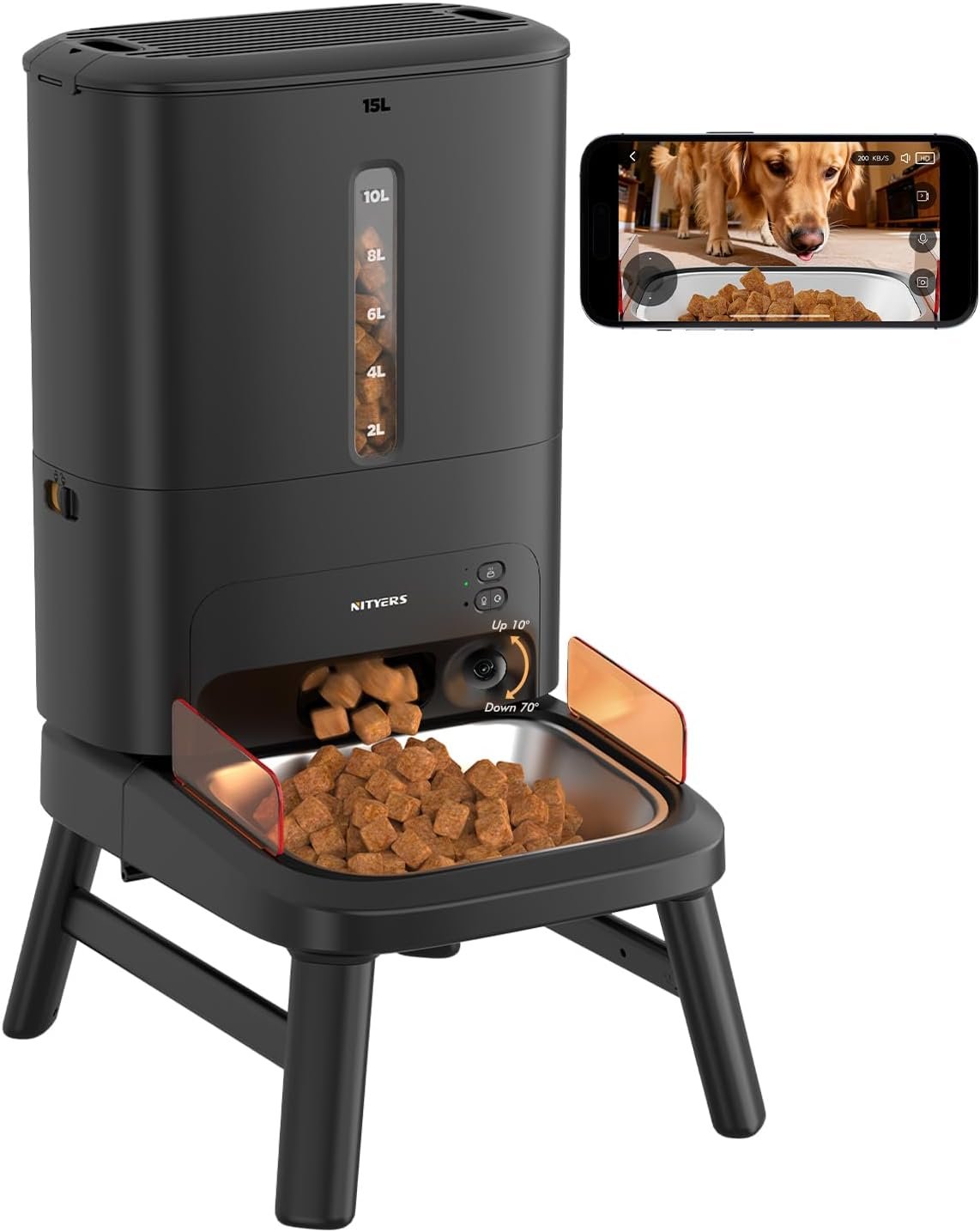 Automatic Dog Feeder for Large Breed with Camera – 15L/ 64 Cups Anti-Clog 5G WiFi Dog Food Dispenser for 2-23mm Kibble, Elevated Stand, Large Food Tray, 1080P HD Video with Night Vision, Keeps Fresh