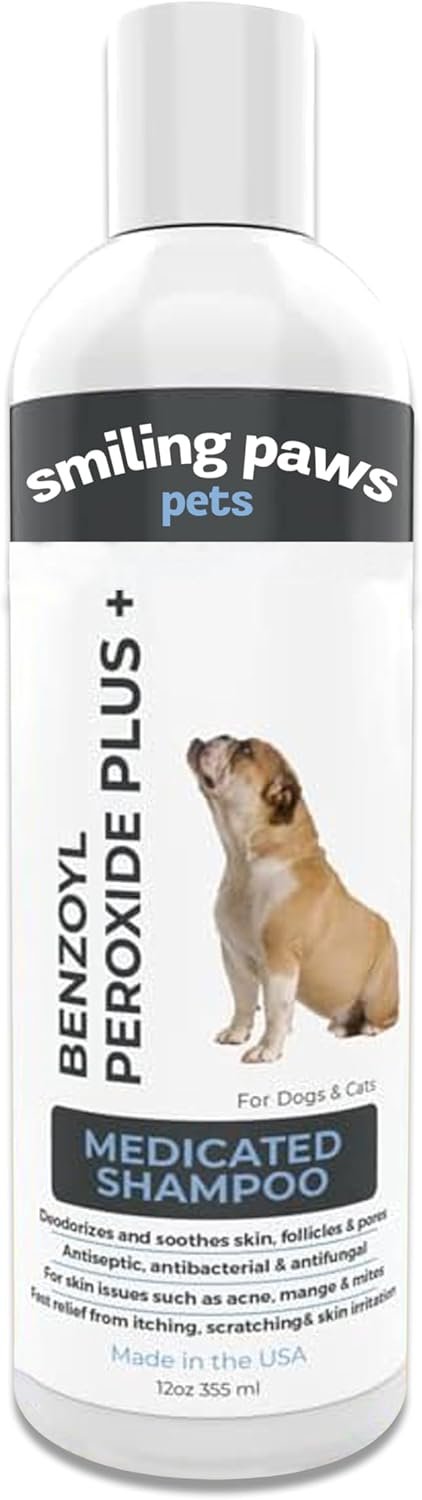 Smiling Paws Pets – Itch Relief Shampoo for Pets – Contains Benzoyl Peroxide – Kills Fleas – Relieves Allergies, Itching, Dermatitis, Mange, Dandruff, Acne, Demodex, Seborrhea, Pyoderma – 12oz