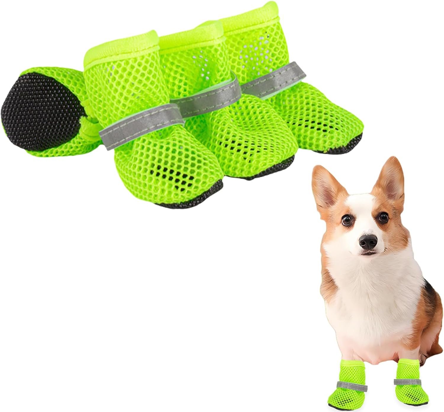 Summer Breathable Dog Shoes for Small Dogs, Breathable Mesh Dog Boots for Summer Hot Pavement, Reflective Adjustable Non Slip Paw Protectors for Small Dogs Cat Puppy (Green, M)