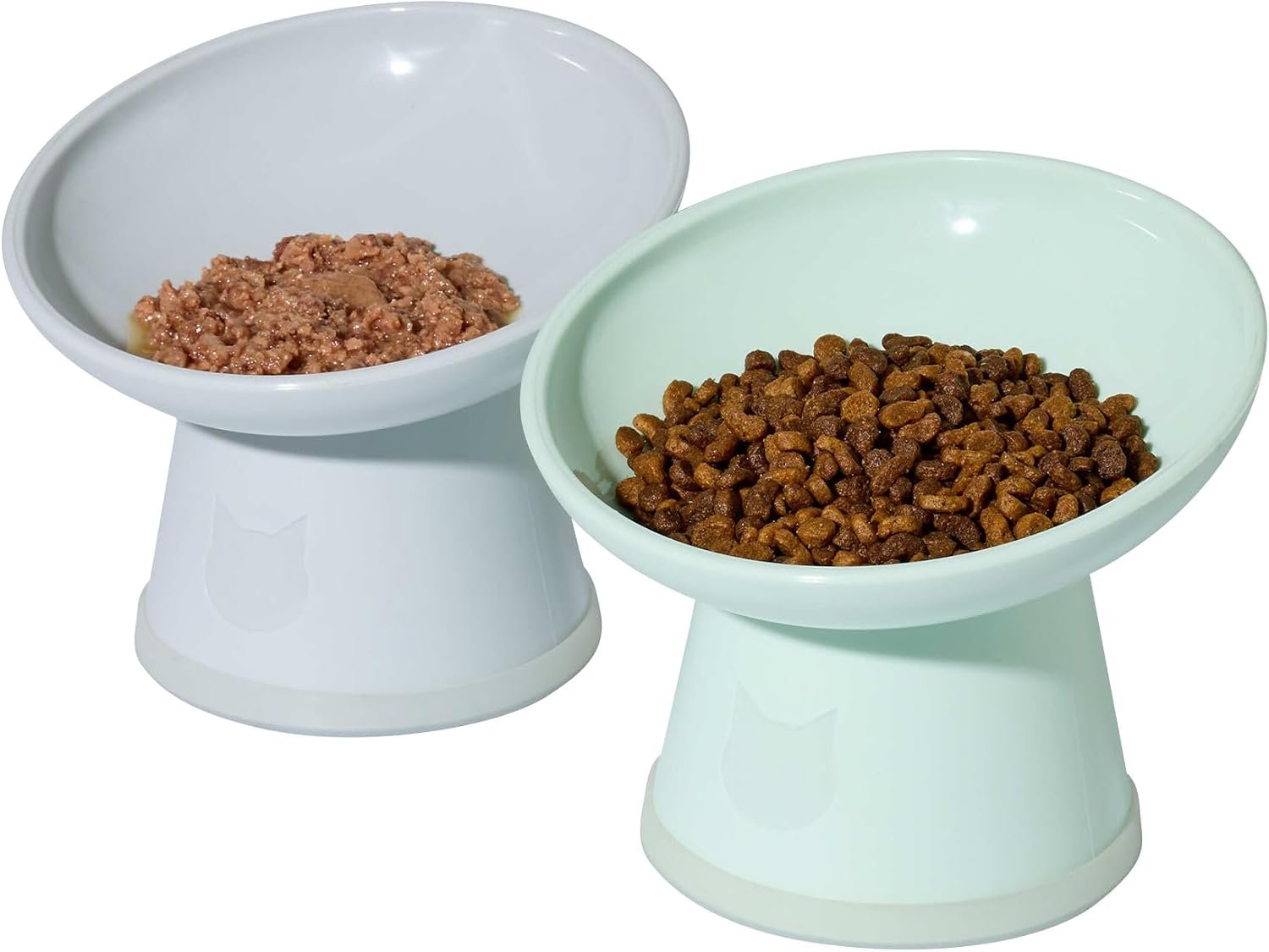 Necoichi 2pcs Tilted Elevated Cat Food Bowls BPA-Free Plastic 15° Tilted Raised Cat Bowl for Whisker & Neck Fatigue, Dishwasher Safe Non-Slip & Anti-Vomiting Ergonomic Design (Smoky Mint)