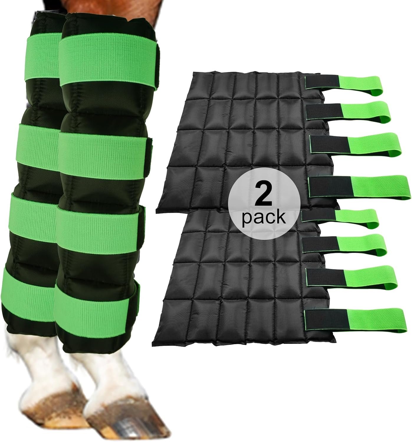 Horse Ice Pack, Ice Boots for Horse Injuries, Cooling Horse Leg Wraps for Hock, Ankle, Knee, Legs, Boots, and Hooves, Cold Compression for Horse Care, Hock Sprain, Set of 2, 16.9” x 16.1”, Green