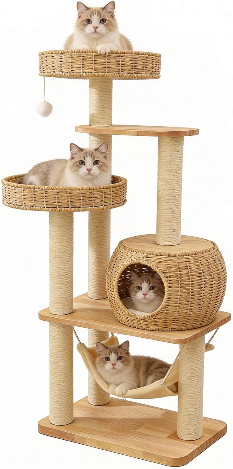 55″ Wood Cat Tree for Indoor Cats Large Adult,Tall Cat Tower with Scratching Post and Cozy Hammock for Large Cat,Multi-Level Modern Cat Condo with Hand-Woven,Easy to Assemble and Clean