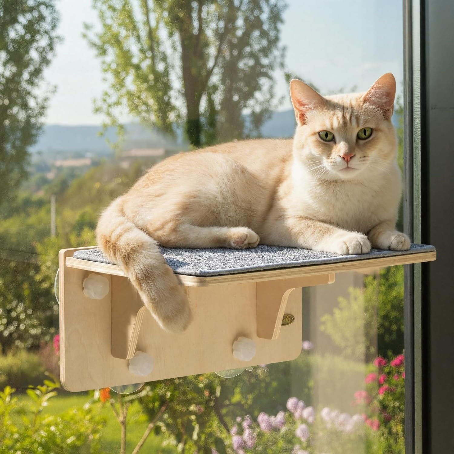 Pecute 2-in-1 Cat Window Perch & Wall Shelves, Cat Hammock Window with Solid Wood, Strong Suction Cup, Washable Cover Mat, Kitten Window Seat Indoor, Cats Perch Bed for Birds Watching Inside,16″x10″