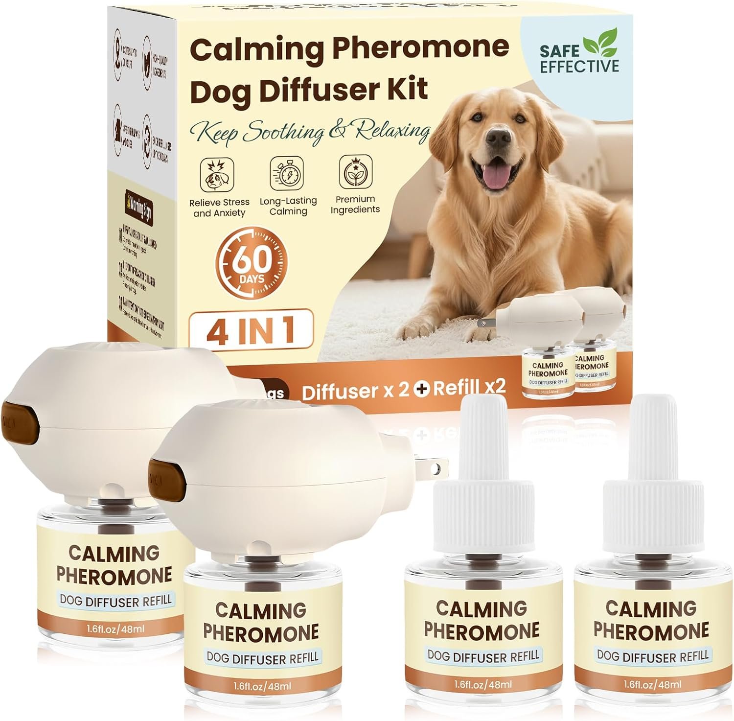 Dog Pheromones Calming Diffuser to Calm Dogs Kit Pheromone Plug in 60 Days 4 in 1 for Stress Barking Pee Accidents Chewing Aggression Separation Anxiety Relief