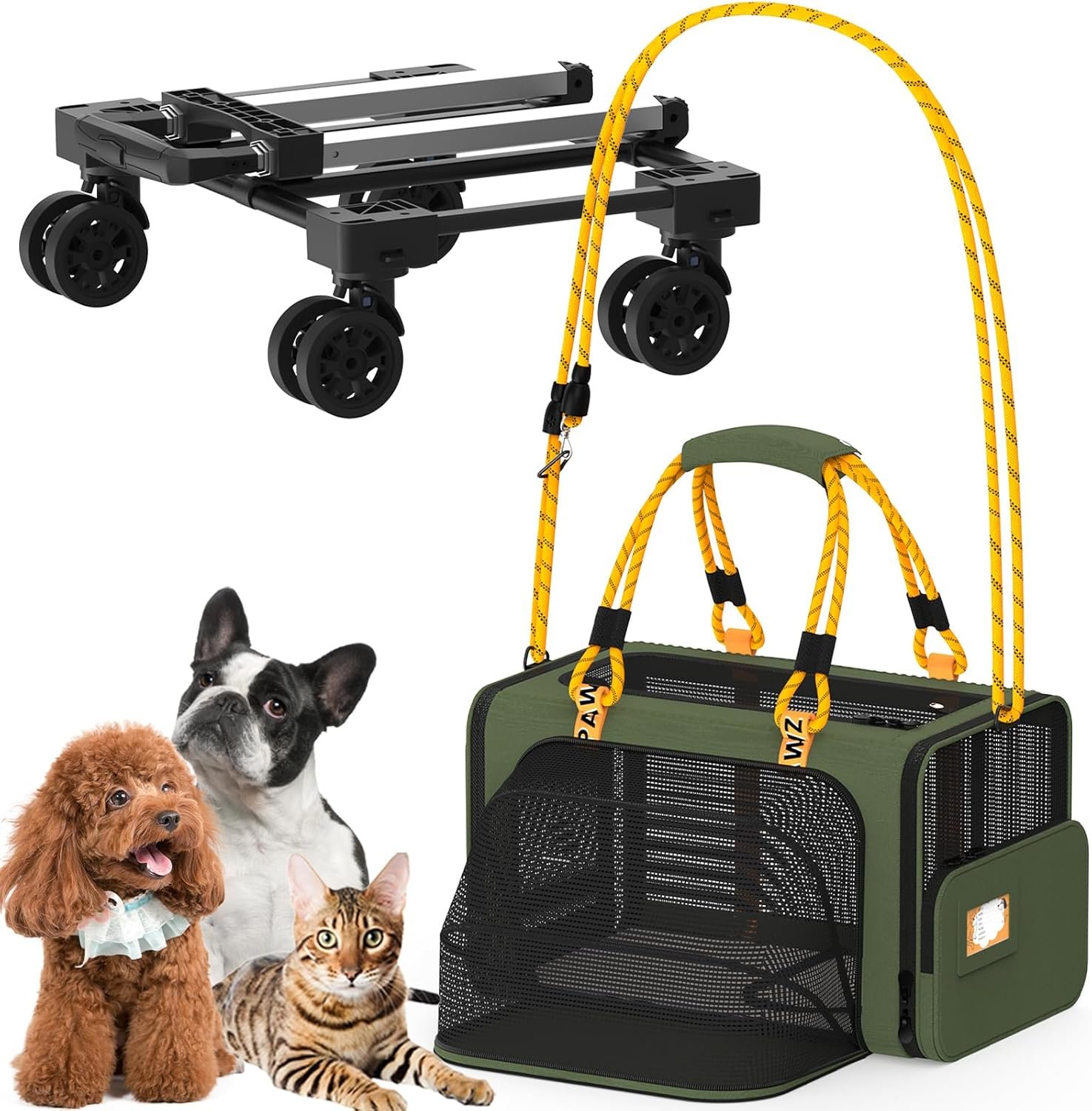 PAWZIDEA Expandable Pet Carrier with Wheels, 18″x11″x11″ TSA Airline Approved Cat Carrier for 2 Cats Under Seat, Collapsible Soft-Sided Small Dog Rolling Travel Bag with Telescopic Handle, Up to 18lbs