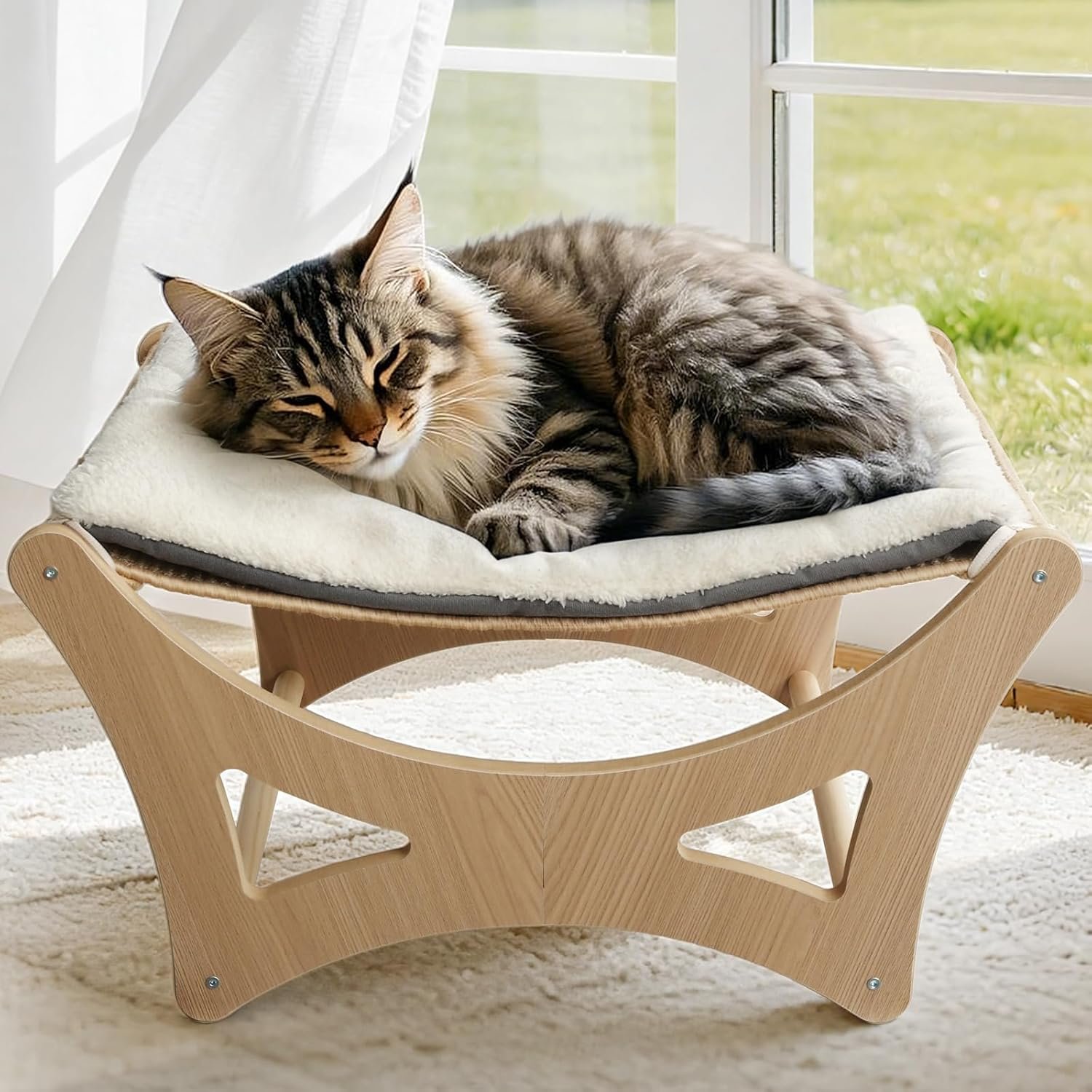 Cat Hammock Bed, Wooden Elevated Cat Beds with Natural Sisal Scratching Mat, Cats Scratcher Bed with Removable Soft Cushion, Cats Scratching Beds with Wood Frames, 22″ L x 17.7″ W