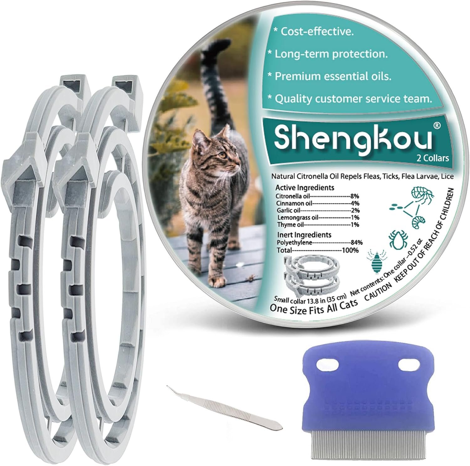 Flea and Tick Collar for Cats – Offers 12-Month Protection, Crafted with Premium Plant Oils, Waterproof, Natural, Safe for Kittens, Includes Free Comb and Tweezers, 13.8 in (2 Packs)