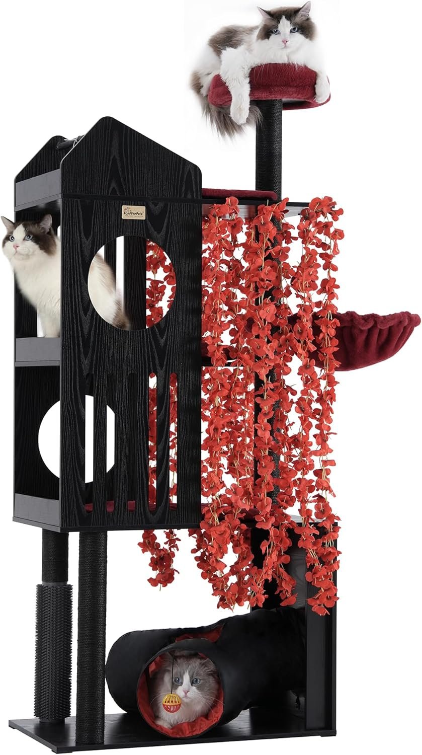 FourFurPets Gothic Cat Tree, 67″ Cat Tower for Indoor Cats, Maine Coon Cat Tree for Large Cats 20 lbs+ with Extra-Large Padded Platform, Sisal-Covered Scratching Posts, Comfy Basket, Black & Red