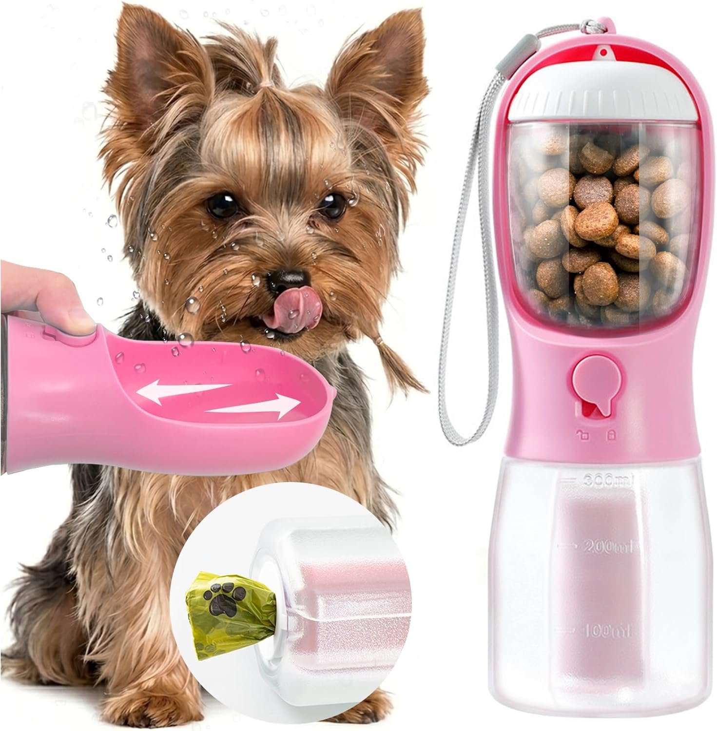 Portable Water Bottle for Small Dogs, 3 in 1 Animal Pet Travel Bowl Dispenser with Food Treat Container & Poop Bag Holder, Summer Hiking Walking Accessories for Puppy On The Go – Pink, 10oz