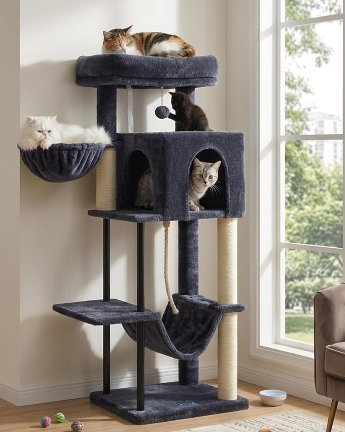 Gitelsnour Cat Tree, Cat Tower for Indoor Cats, 43.3 inch Cat Tree Tower with Sturdy Steel Tube, Hammock, Cat Condo for Small Cats and Kittens, Scratching Post, Smoky Gray GCT004SG