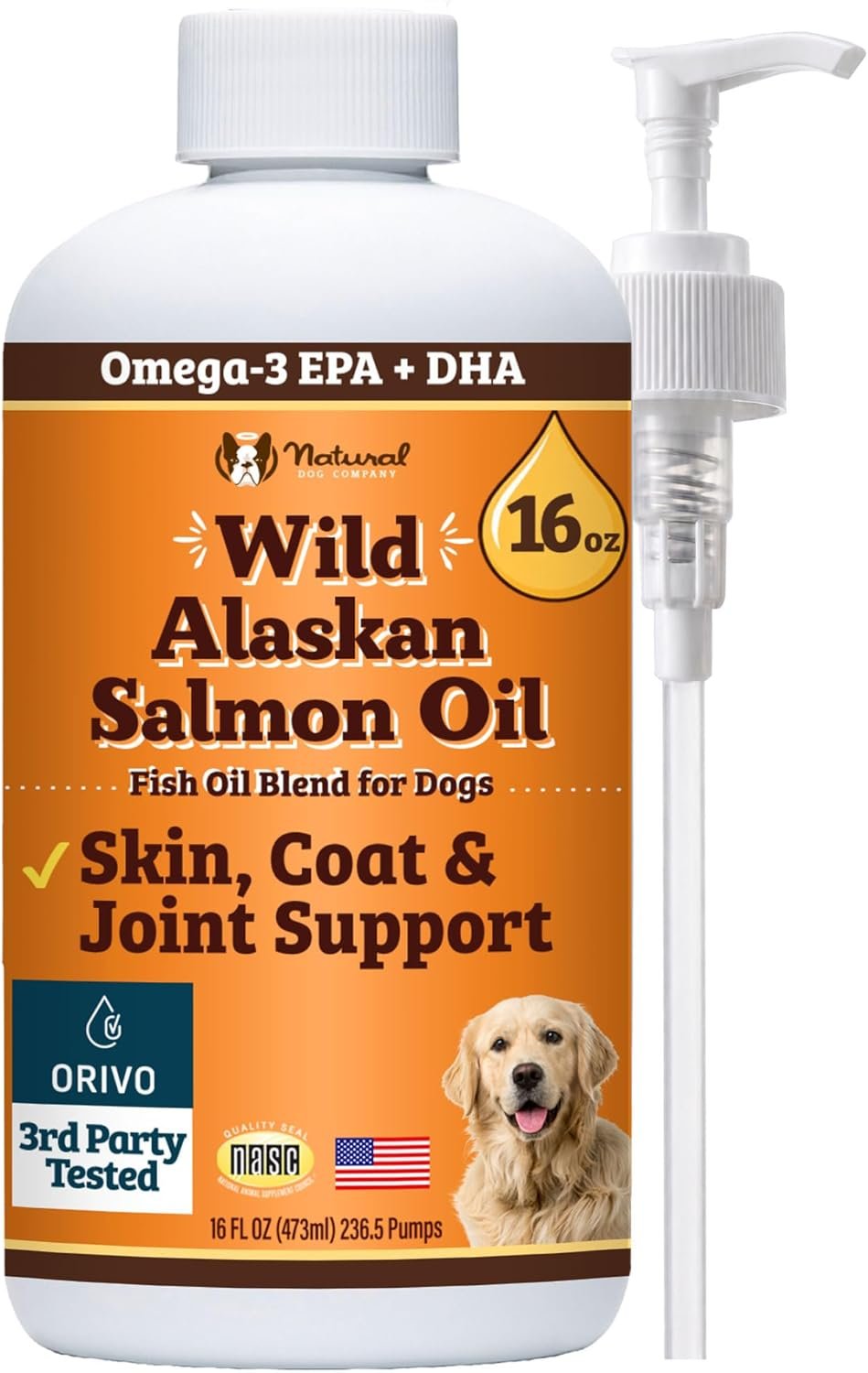 Natural Dog Company Wild Alaskan Salmon Oil for Dogs – Omega 3 Fish Oil Supplement with EPA & DHA for Skin, Coat, Itch Relief, Joints, Heart & Immune Support, Liquid Food Topper, 16 oz