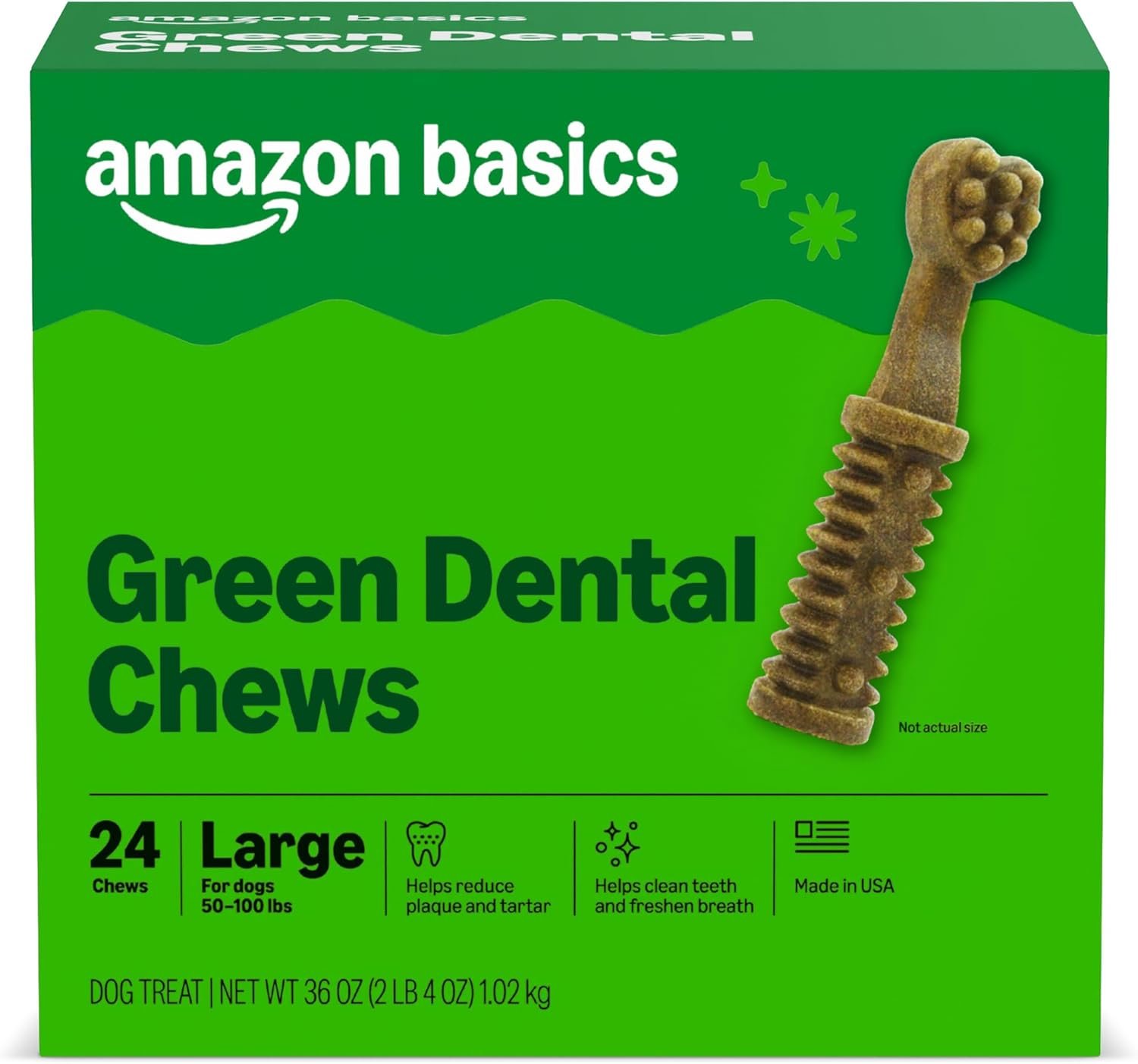 Amazon Basics Dental Dog Treats to Help Clean Teeth & Freshen Breath for Large Dogs, Unflavored, Per Pack: 24 Count, 2.25 pounds (Previously Wag)