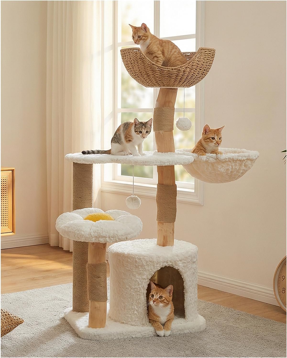 PEQULTI 48.5” Modern Cat Tree for Large Indoor Cats Solid Wood Cat Tower with Luxury Cat Condo, Cozy Hammock, Scratching Post, Rattan Perch and Flower Cat Bed, White