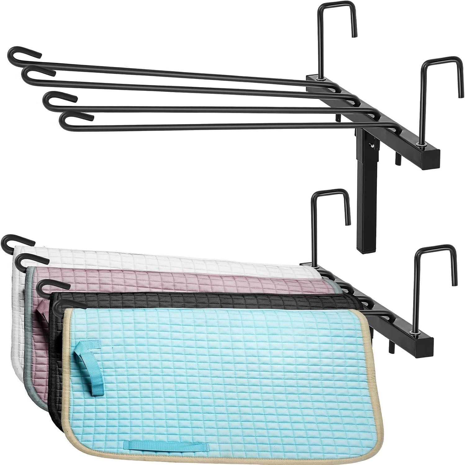 Yaocom 2 Pcs 4 Arm Swing Saddle Pad Rack, Wall Mount Saddle Blanket Holder, Compact Horse Stall Accessories Portable Stable Organizer for 1-2 Horses Trailer Holder Storage Travel Accessory, Black
