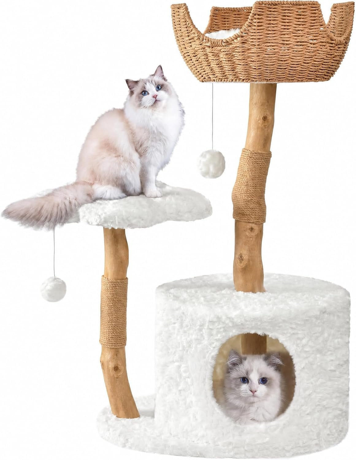 Easyego Modern Cat Tree, 39.9″ Aesthetic Wood Cat Tree Tower for Large Cats, Luxury Cat Condo with Scratching Posts and Flower Platforms, Cat Furniture, White