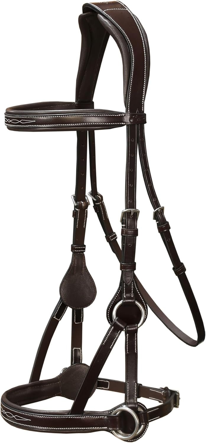 Exion ‘Astra’ Sidepull Bitless Bridle for Horses – Fancy Stitched Padded Leather with Anti-Pressure Crown, Rubber Reins, Stainless Hardware – Black, Brown, Oak | Cob, Full, Oversize, Pony