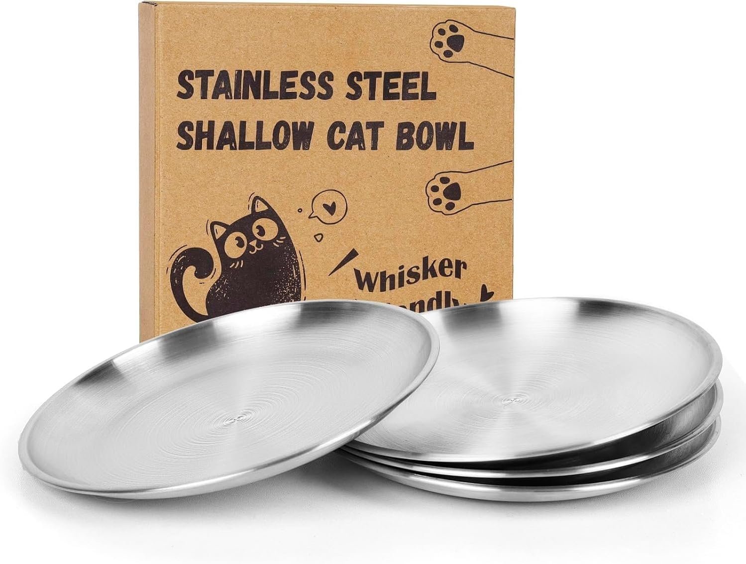 4-Pack Stainless Steel Cat Food Bowls, Shallow Whisker-Friendly Non-Slip Silicone Base Metal Dishes, Easy to Clean Indoor Feeding Flat Plates for Cat, Kitten, Small Dog (6.7″)