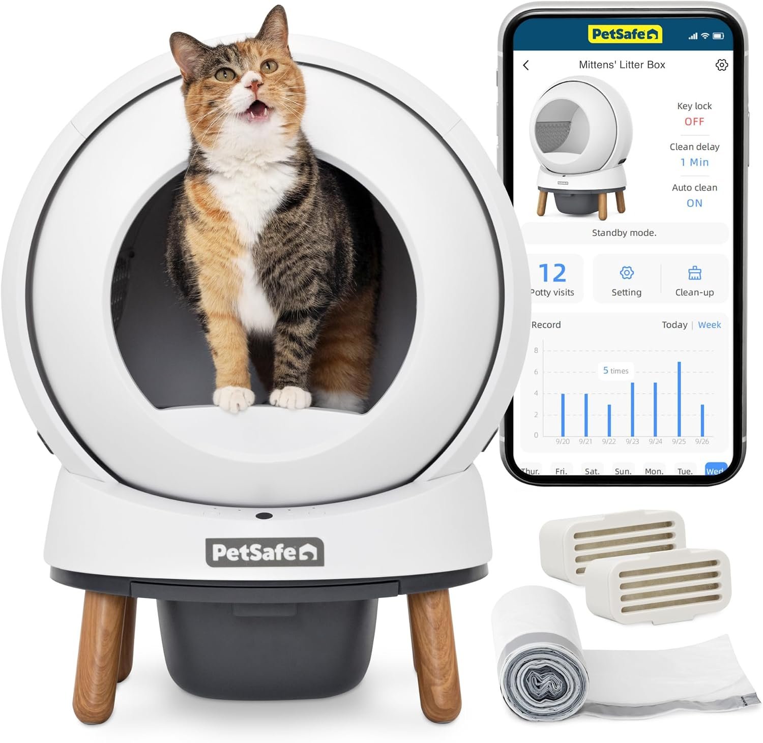 PetSafe ScoopFree SmartSpin Self-Cleaning Litter Box – Automatic Litter Box – App Controlled – Features Odor Control & Spacious Waste Drawer – White