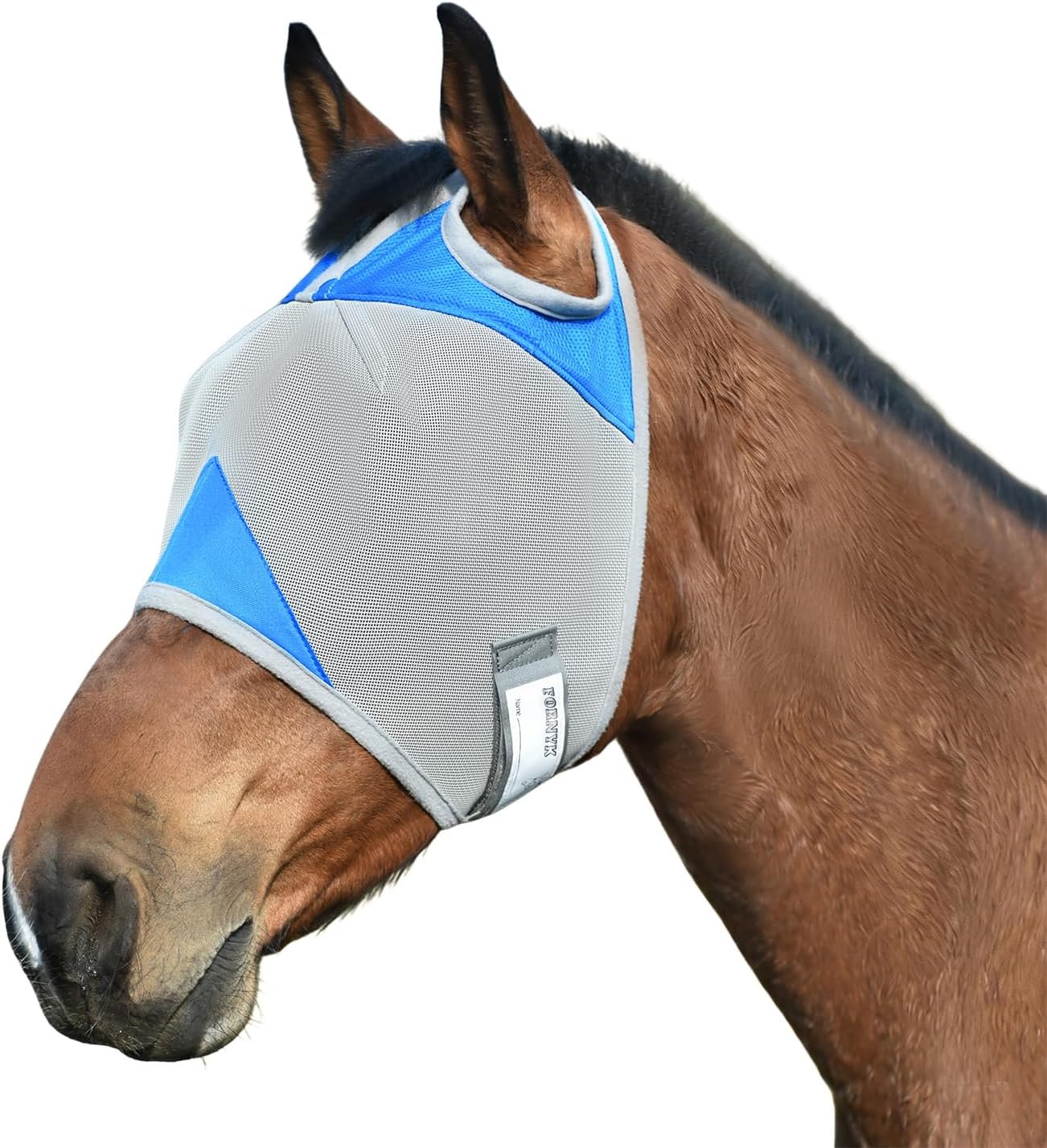 Horse Fly Mask Without Ears, Writable Name Tag, UV Protection, Soft Padding, Adjustable Hook-and-Loop Strap, Ideal for Daily Turnout and Multi-Horse Barns (Blue, Large)