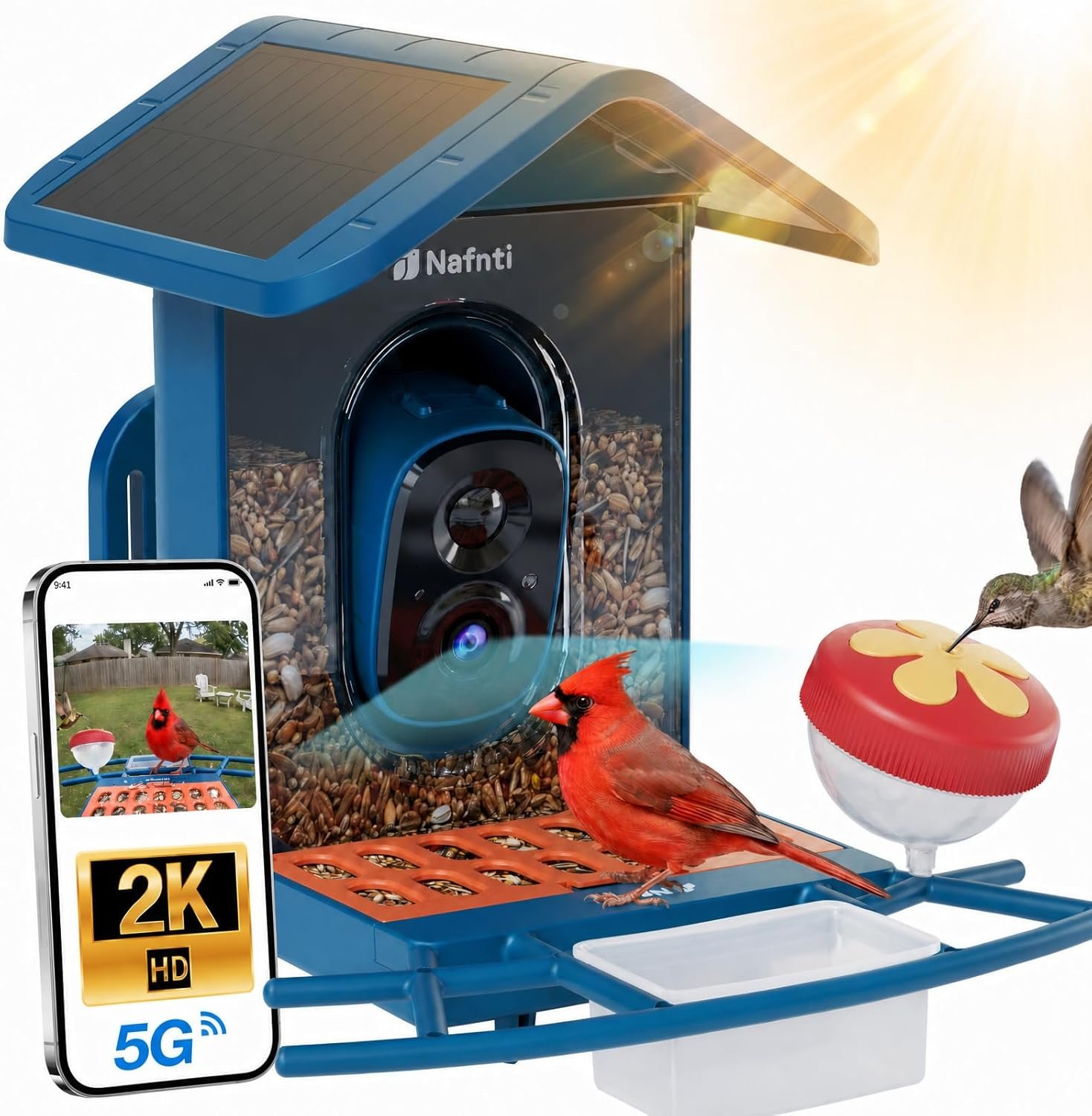 Smart Bird Feeder with Camera Solar Powered, 5GHz/2.4GHz, 2K HD Live View, AI Bird Species Identify, Instant Arrival Alerts, Weatherproof Outdoor Bird Feeder Camera, Best for Bird Lovers
