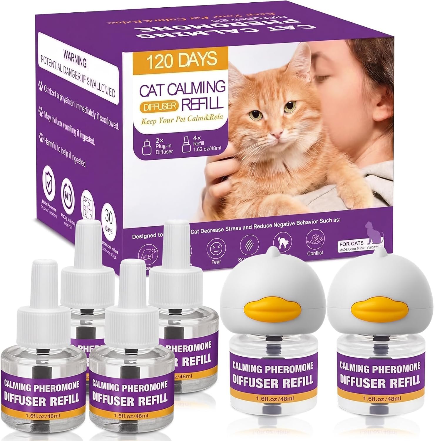 Cat Calming Pheromone Diffuser Kit, 2 Plug-Ins + 4 Refills (48ml Each),Long-Lasting Stress & Anxiety Relief, Reduces Fighting, Spraying & Scratching, Safe & Drug-Free Comfort for All Cats and Kittens