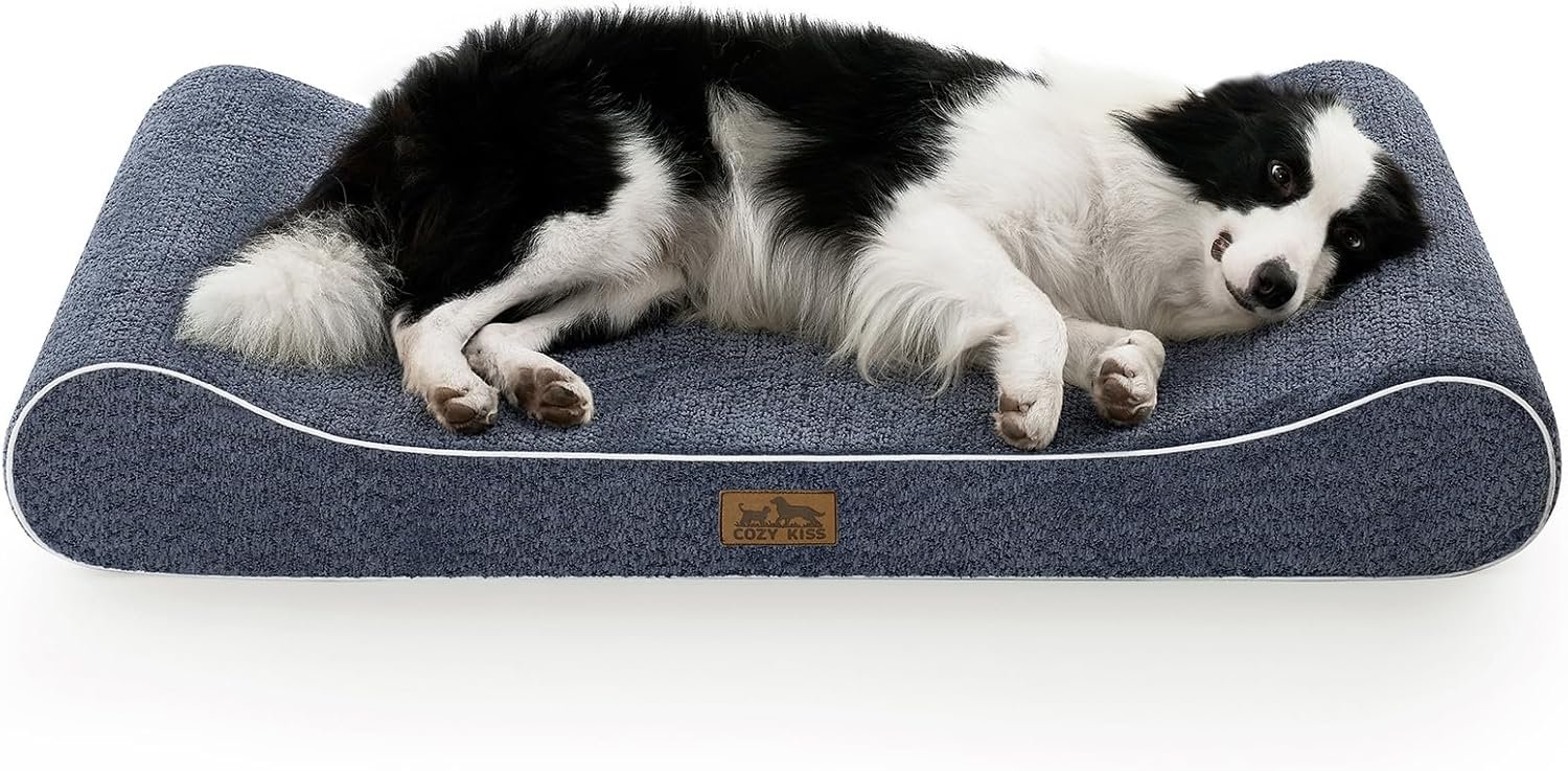 COZY KISS Orthopedic Dog Bed for Large Dogs up to 90 lbs – Removable Washable Cover with Waterproof Lining & Non-Skid Bottom, Cotton-Polyester Blend Boat-Shaped Lounger Mattress, L(45x30x6in), Blue