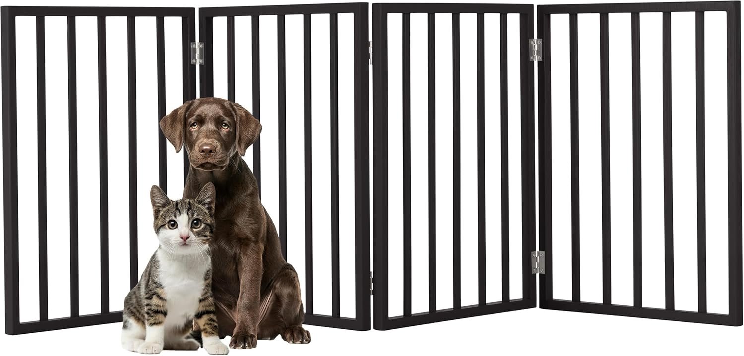 Pet Gate – 4-Panel Indoor Foldable Dog Fence for Stairs, Hallways, or Doorways – 72×24-Inch Wood Freestanding Dog Gates by PETMAKER (Black)