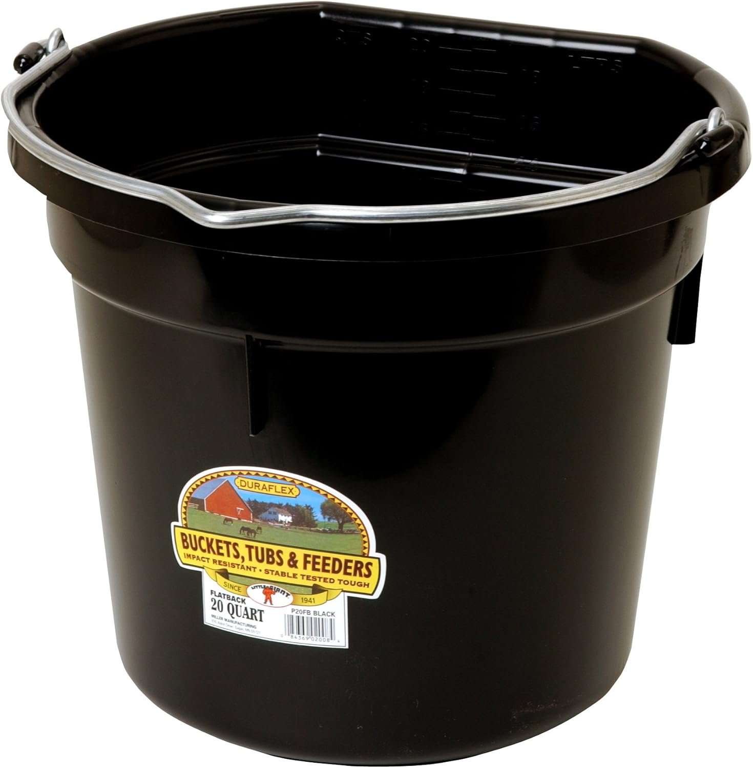 Little Giant Plastic Animal Feed Bucket (Black) – Little Giant – Flat Back Plastic Feed Bucket with Metal Handle (20 Quarts / 5 Gallons) (Item No. P20FBBLACK6)