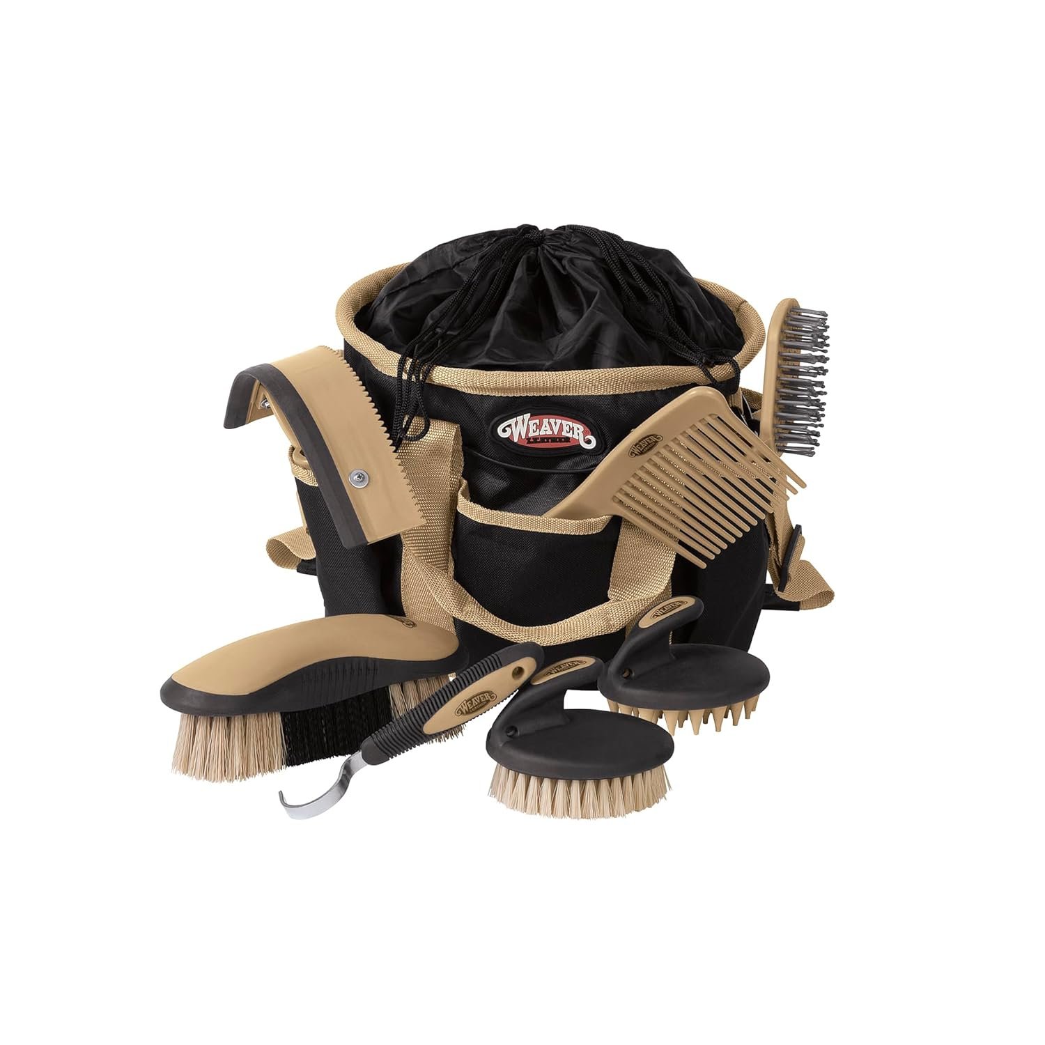 Weaver Equine Horse Grooming Kit, 7-Piece Horse Brush Set with Organizer Tote Bag, Hoof Pick, Comb, Sweat Scraper, Equine Tools for Daily Grooming, Black/Beige