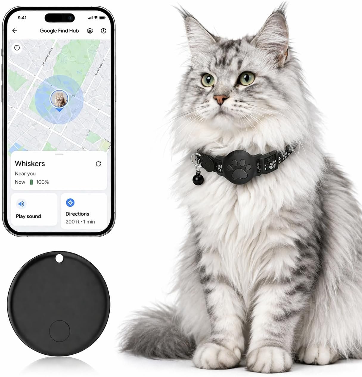 Pet Tracker,GPS Collar for Cats (Android Only) Smart tag,Waterproof Compatible with Google Find My,No Monthly Fee,Advanced Tracking Solution Smart Collar for Pet Safety Ideal Small Large Cats (Black)