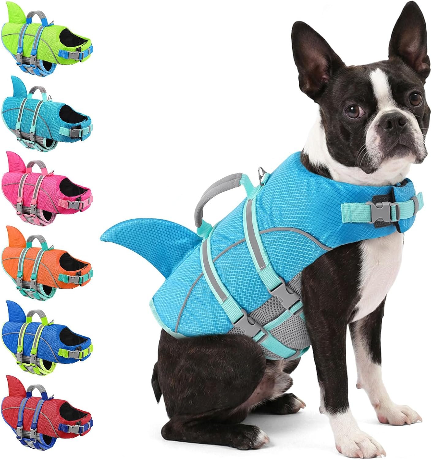 AOFITEE Small Dog Life Jacket, Shark Life Jackets for Swimming Boating, Reflective Dog Swimming Vest with High Buoyancy, Pet Life Preserver with Handle for French Bulldog, Pet Lifesaver (Blue S)