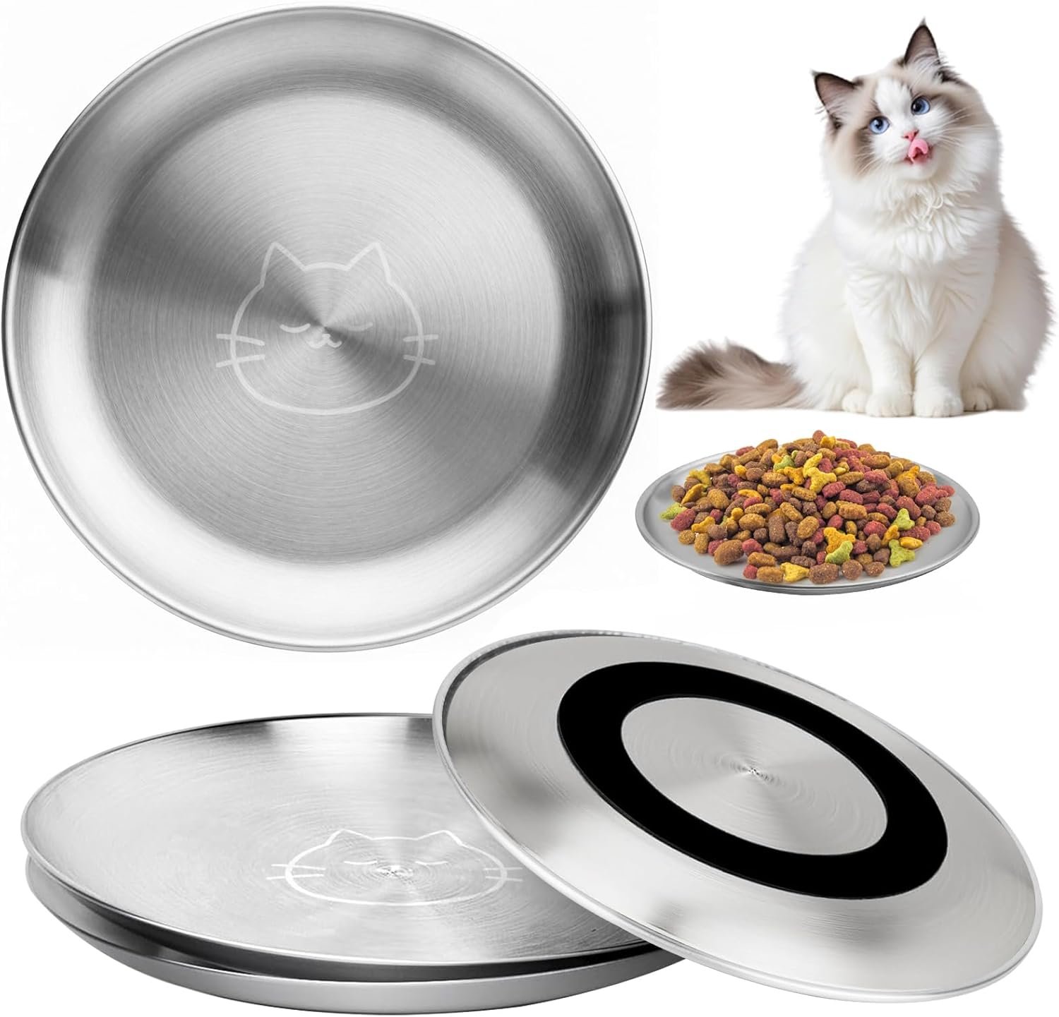 Stainless Steel Cat Bowls, 4 Pcs Shallow Cat Bowl Whisker Fatigue Dishes with Non-Slip Bottom, 6.7″ Cats Food and Water Bowl Set for Wet & Dry Food(13OZ)