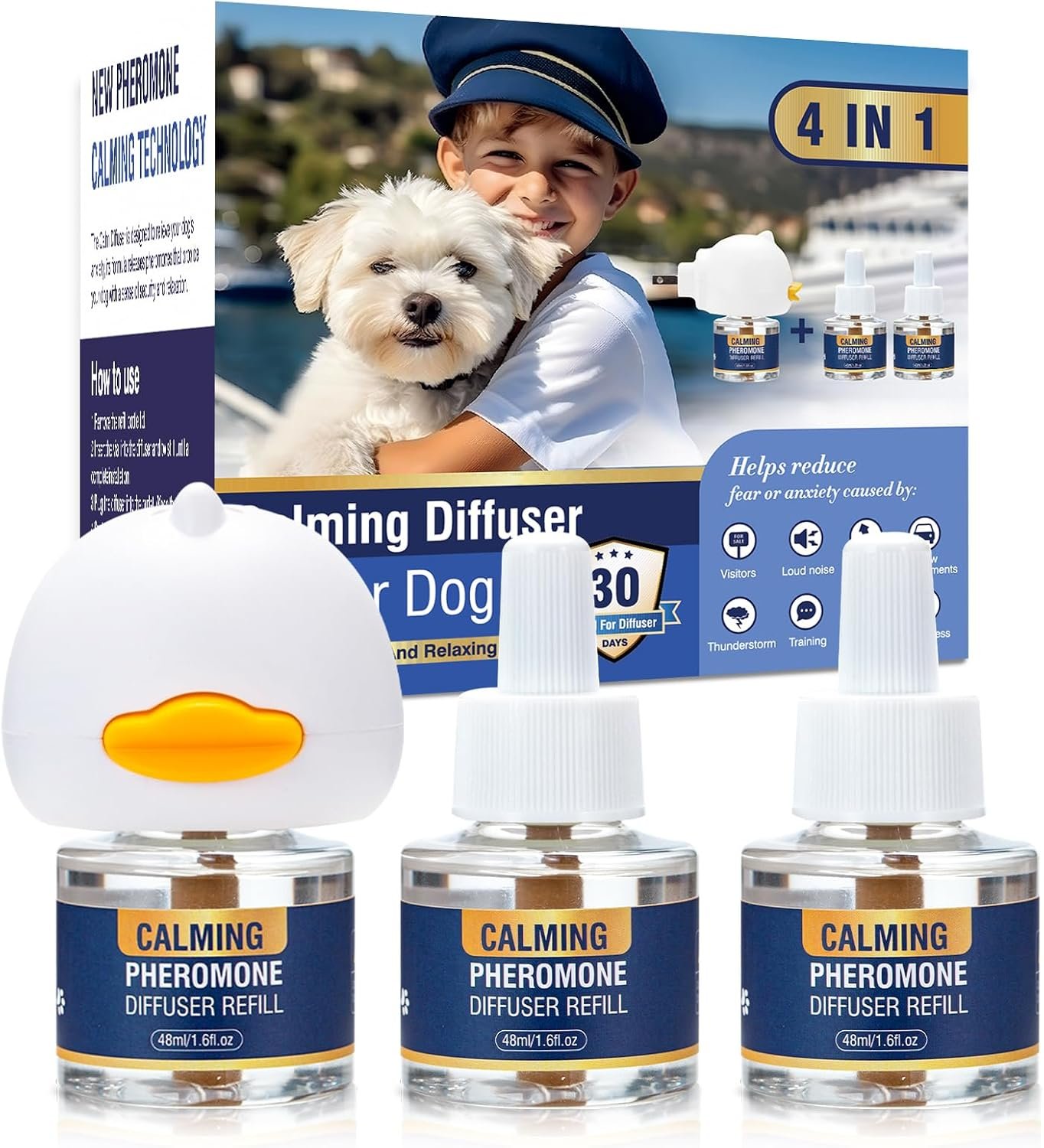 Dog Pheromone Calming Diffuser (Plug in+ 3 Pack 48ml Refill) Pet Pheromones Diffuser to Calm Kit for Anxiety Relief Reduce Barking Aggression Fighting Stress 90 Day Supply 4 in 1 Appeasing