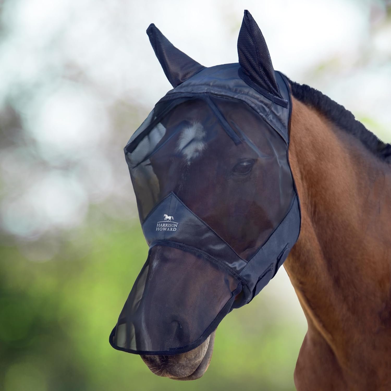 Harrison Howard CareMaster Horse Fly Mask Large Eye Space Long Nose with Ears Full Face Black Large Full Size