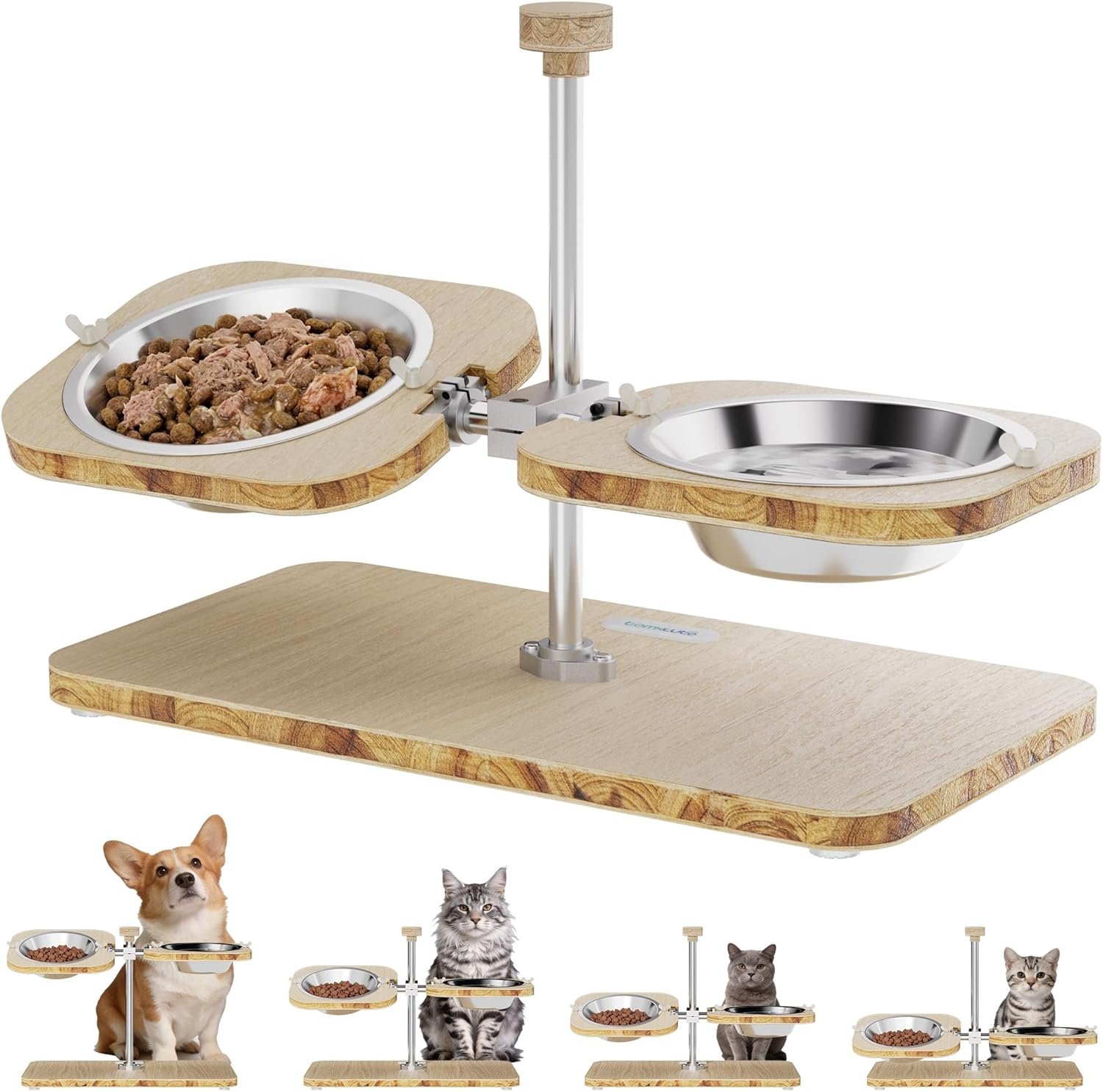Tomxcute Adjustable Elevated Cat Bowls, FSC Solid Wood Raised Dog Feeder, 0-15° Tilted Anti-Vomiting Stand with 2 Stainless Steel Bowls, Whisker-Friendly & Neck Protection