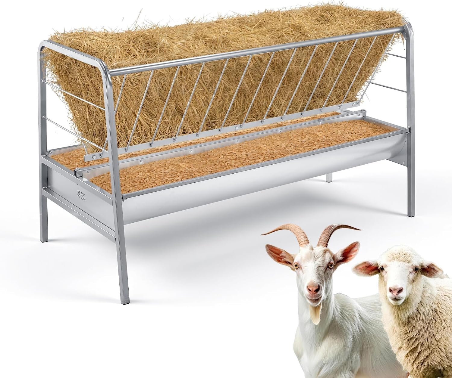 VEVOR Livestock Hay Feeder, 2 in 1 Grain & Hay Feeder, 80-Gallon Capacity, 57.9″ Long Goat Pasture Feeding with Deeper Feeding Pan, Heavy Duty Steel Grain Holder for Sheep Sheds, Farms, Horse Barns