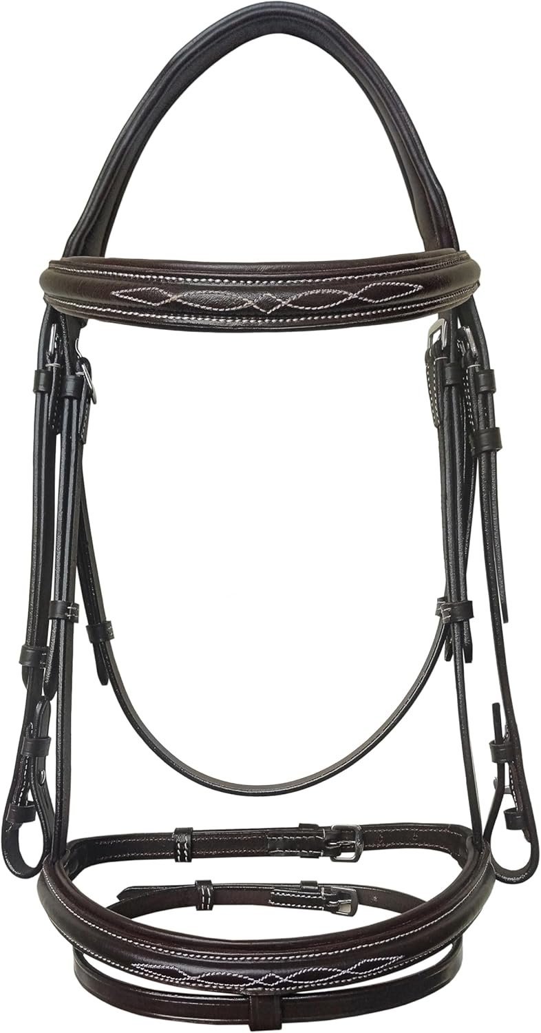 Equine Care Leather English Horse Bridle with Reins, Full Size, Choice of Browband Style, Padded Crown & Cavesson Noseband, Stainless Steel Hardware, Hunter Show Bridle.