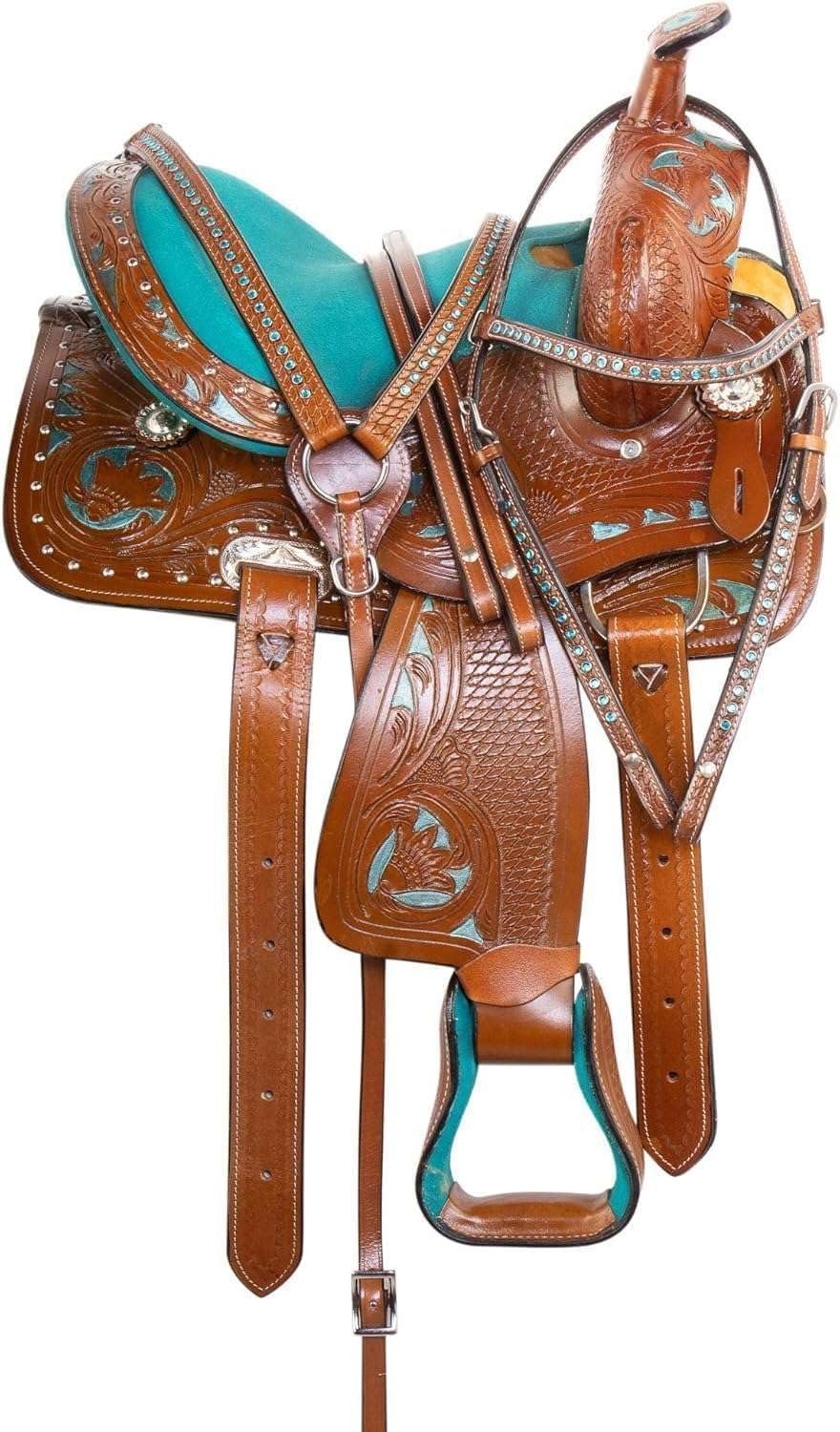Western Leather Barrel Saddle Floral Embossed Tooled Trail Rodeo Horse Saddle with Matching Headstall, Reins and Breast Collar